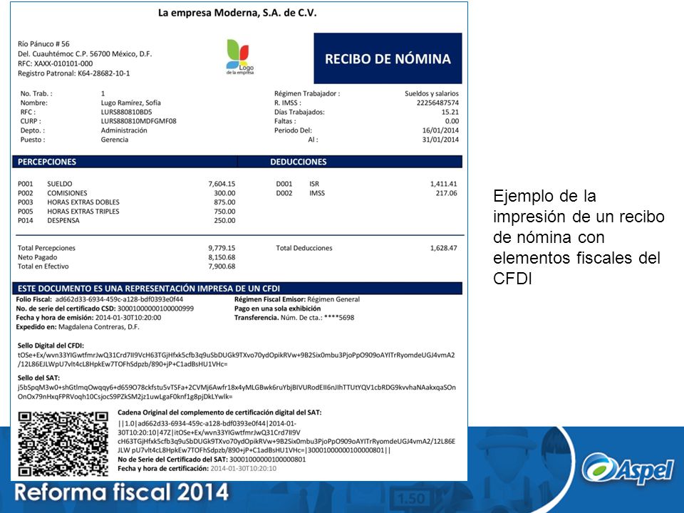 Ejemplo de la impresión de un recibo de nómina con elementos fiscales del CFDI
