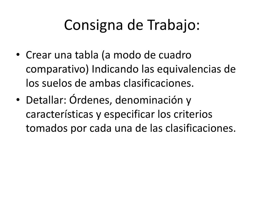 Consigna de Trabajo: Crear una tabla (a modo de cuadro comparativo) Indicando las equivalencias de los suelos de ambas clasificaciones.