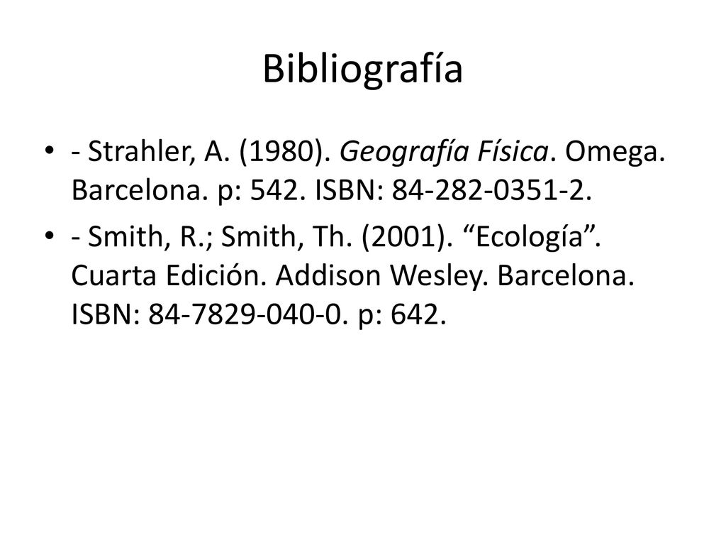 Bibliografía - Strahler, A. (1980). Geografía Física. Omega. Barcelona. p: 542. ISBN: