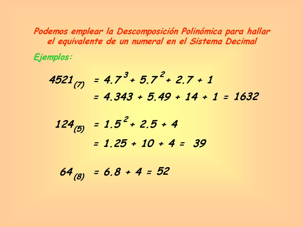 Podemos emplear la Descomposición Polinómica para hallar el equivalente de un numeral en el Sistema Decimal
