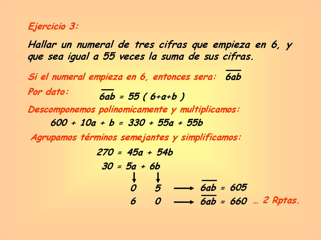 Ejercicio 3: Hallar un numeral de tres cifras que empieza en 6, y que sea igual a 55 veces la suma de sus cifras.