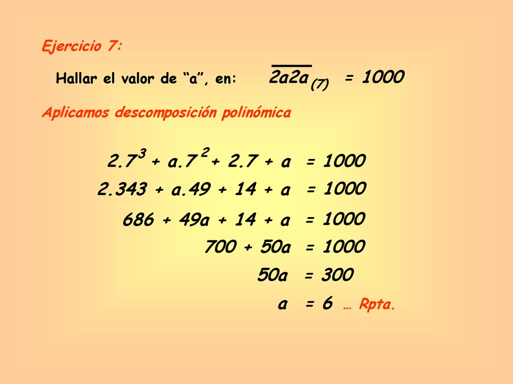 Ejercicio 7: Hallar el valor de a , en: 2a2a. = (7) Aplicamos descomposición polinómica.