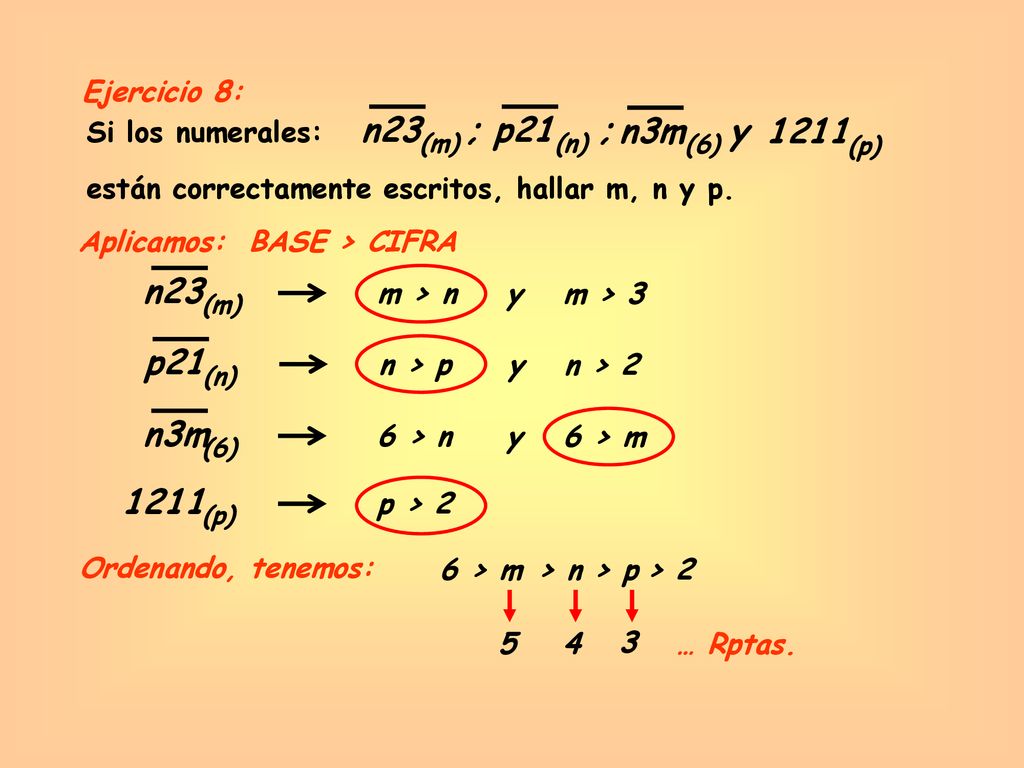 n23 ; p21 ; n3m y 1211 n23 p21 n3m 1211 Ejercicio 8: Si los numerales:
