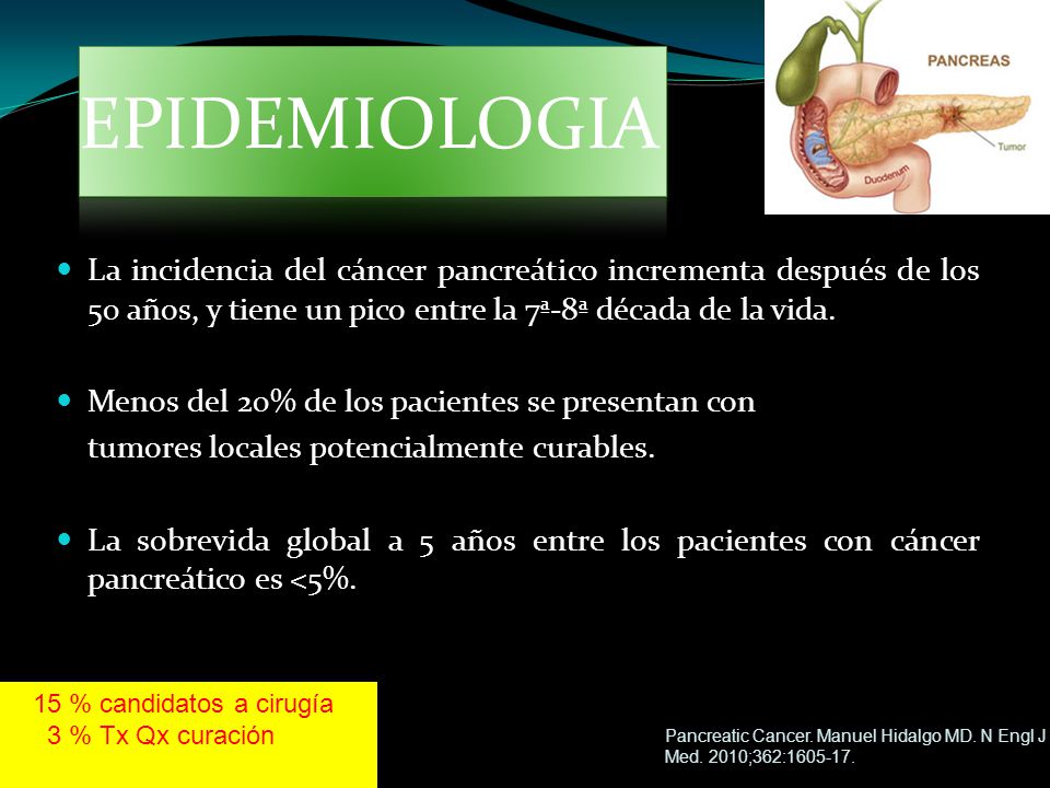 EPIDEMIOLOGIA La incidencia del cáncer pancreático incrementa después de los 50 años, y tiene un pico entre la 7ª-8ª década de la vida.