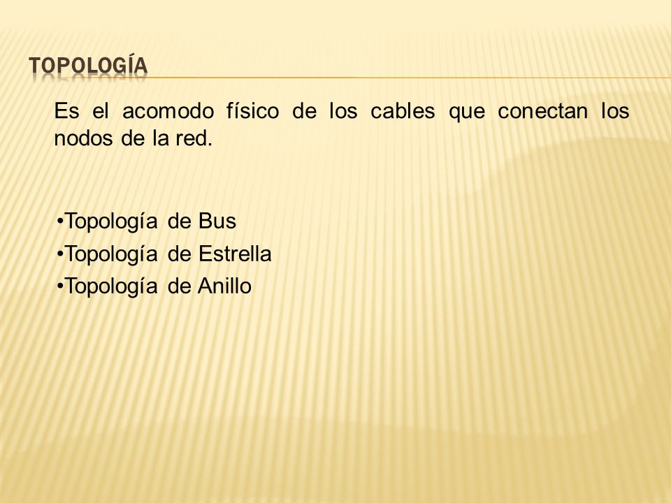 Topología Es el acomodo físico de los cables que conectan los nodos de la red. Topología de Bus. Topología de Estrella.