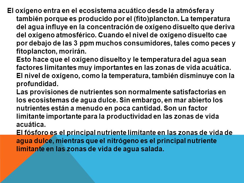 El oxígeno entra en el ecosistema acuático desde la atmósfera y también porque es producido por el (fito)plancton.