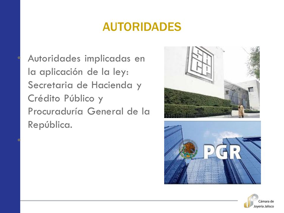 AUTORIDADES Autoridades implicadas en la aplicación de la ley: Secretaria de Hacienda y Crédito Público y Procuraduría General de la República.