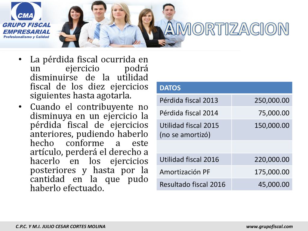 AMORTIZACION La pérdida fiscal ocurrida en un ejercicio podrá disminuirse de la utilidad fiscal de los diez ejercicios siguientes hasta agotarla.