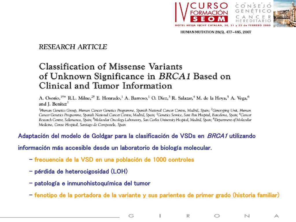 Adaptación del modelo de Goldgar para la clasificación de VSDs en BRCA1 utilizando