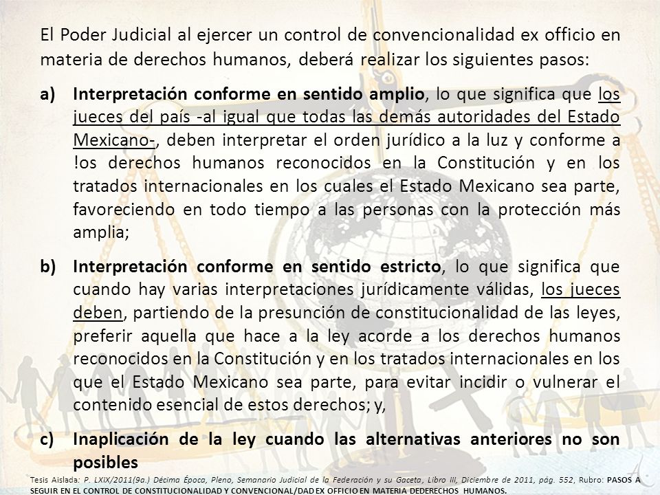 El Poder Judicial al ejercer un control de convencionalidad ex officio en materia de derechos humanos, deberá realizar los siguientes pasos: