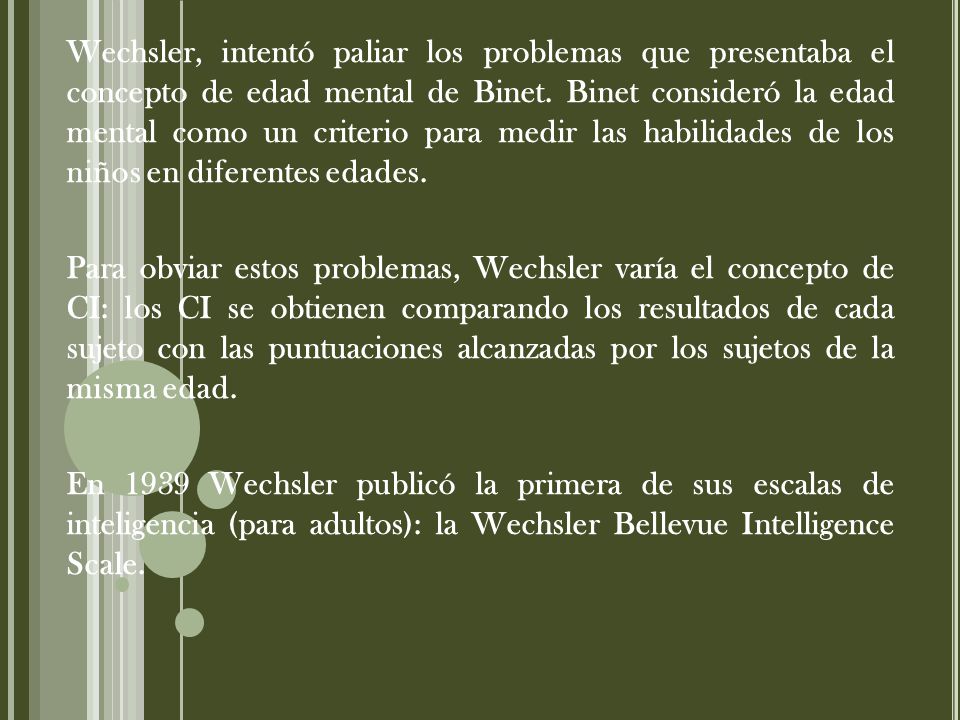 Wechsler, intentó paliar los problemas que presentaba el concepto de edad mental de Binet. Binet consideró la edad mental como un criterio para medir las habilidades de los niños en diferentes edades.