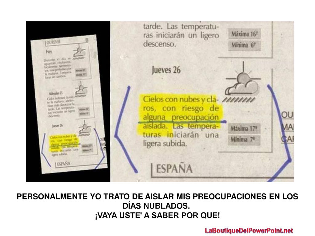 PERSONALMENTE YO TRATO DE AISLAR MIS PREOCUPACIONES EN LOS DÍAS NUBLADOS. ¡VAYA USTE A SABER POR QUE!