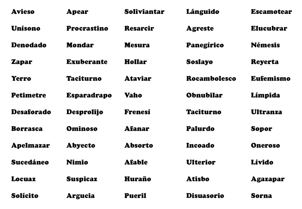 Avieso Unísono. Denodado. Zapar. Yerro. Petimetre. Desaforado. Borrasca. Apelmazar. Sucedáneo.