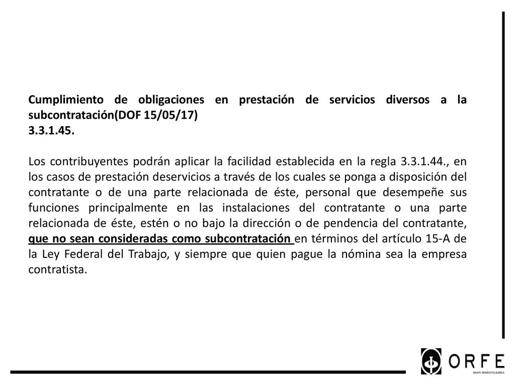 Cumplimiento de obligaciones en prestación de servicios diversos a la subcontratación(DOF 15/05/17)