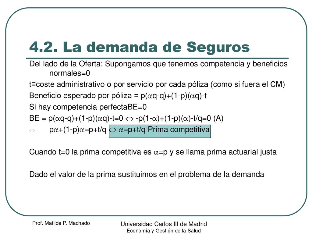 4.2. La demanda de Seguros Del lado de la Oferta: Supongamos que tenemos competencia y beneficios normales=0.