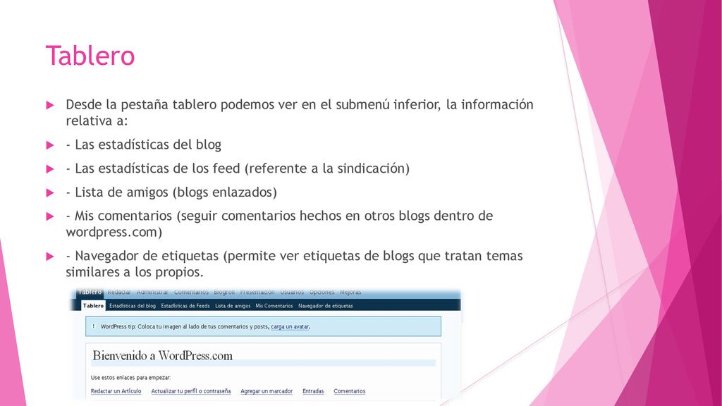 Tablero Desde la pestaña tablero podemos ver en el submenú inferior, la información relativa a: - Las estadísticas del blog.