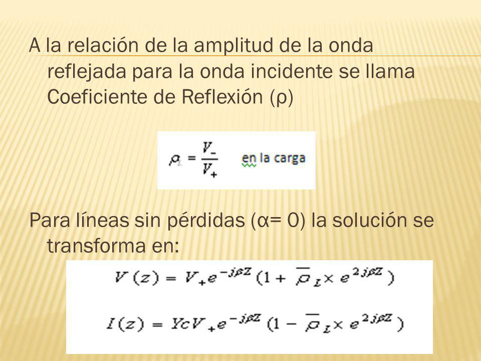 A la relación de la amplitud de la onda reflejada para la onda incidente se llama Coeficiente de Reflexión (ρ) Para líneas sin pérdidas (α= 0) la solución se transforma en: