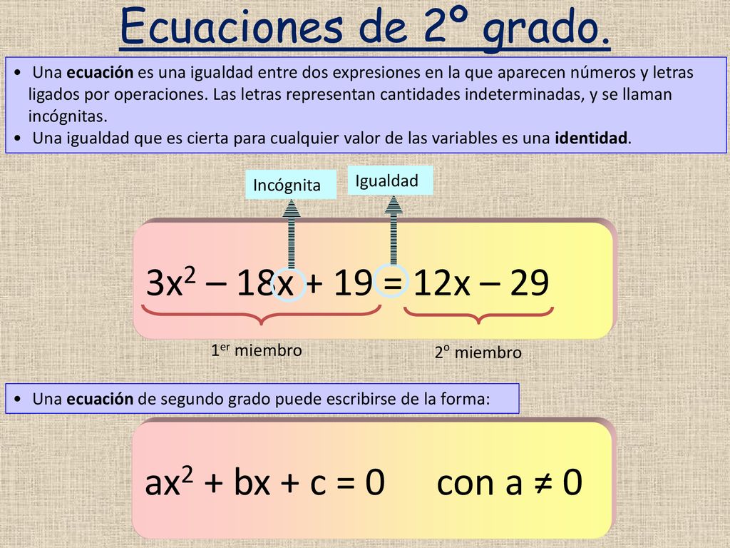 Ecuaciones de 2º grado. 3x2 – 18x + 19 = 12x – 29