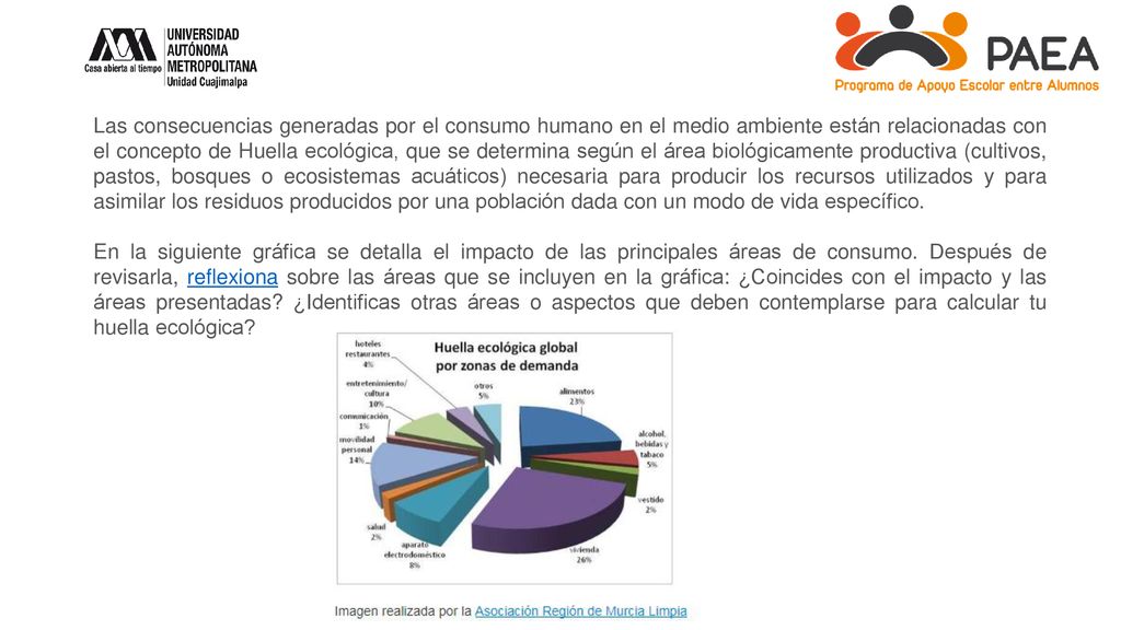 Las consecuencias generadas por el consumo humano en el medio ambiente están relacionadas con el concepto de Huella ecológica, que se determina según el área biológicamente productiva (cultivos, pastos, bosques o ecosistemas acuáticos) necesaria para producir los recursos utilizados y para asimilar los residuos producidos por una población dada con un modo de vida específico.