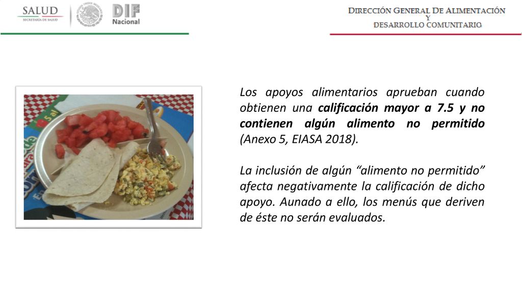 Los apoyos alimentarios aprueban cuando obtienen una calificación mayor a 7.5 y no contienen algún alimento no permitido (Anexo 5, EIASA 2018).