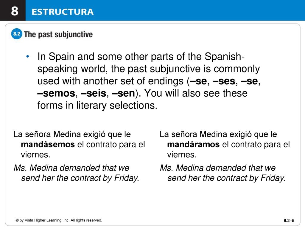 In Spain and some other parts of the Spanish-speaking world, the past subjunctive is commonly used with another set of endings (–se, –ses, –se, –semos, –seis, –sen). You will also see these forms in literary selections.