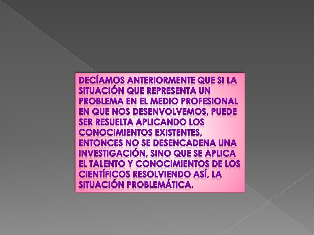 decíamos anteriormente que si la situación que representa un problema en el medio profesional en que nos desenvolvemos, puede ser resuelta aplicando los conocimientos existentes, entonces no se desencadena una investigación, sino que se aplica el talento y conocimientos de los científicos resolviendo así, la situación problemática.