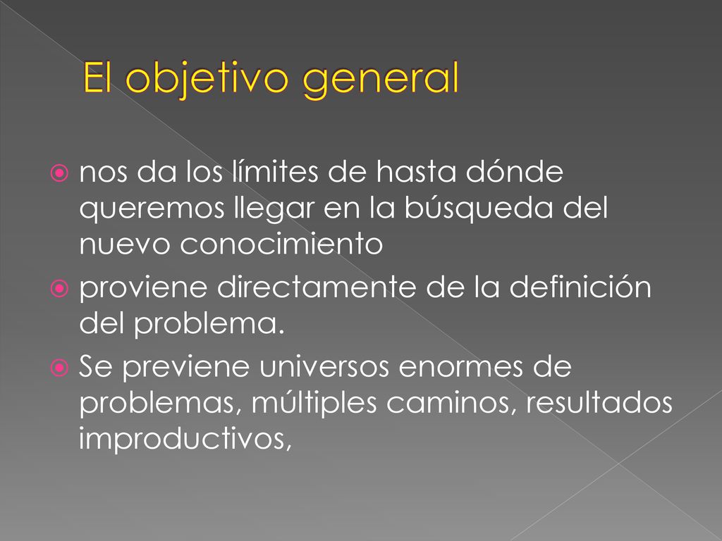 El objetivo general nos da los límites de hasta dónde queremos llegar en la búsqueda del nuevo conocimiento.
