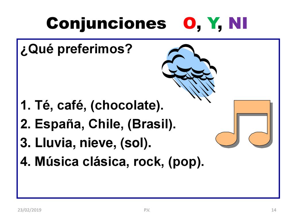 Conjunciones O, Y, NI ¿Qué preferimos 1. Té, café, (chocolate).