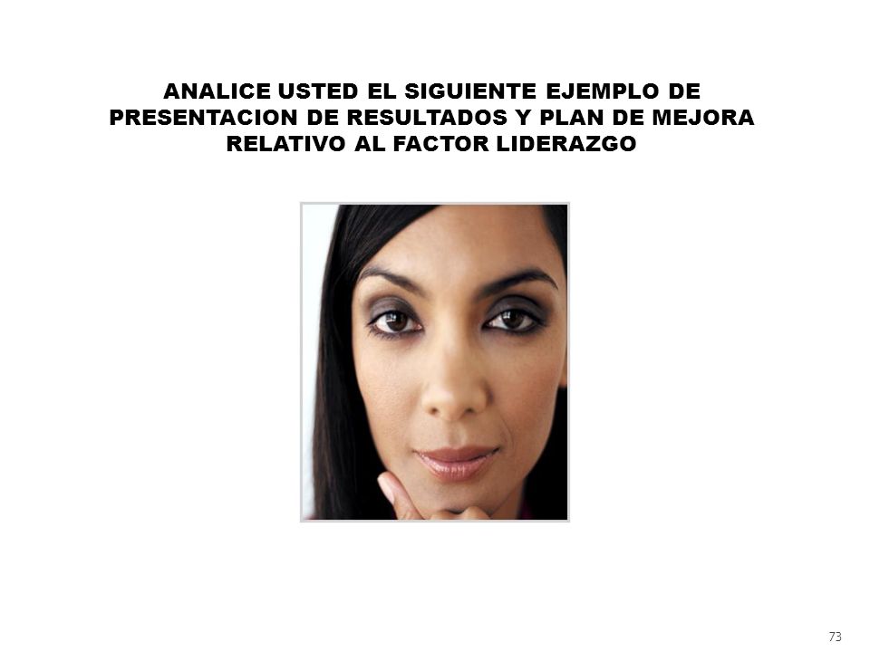 ANALICE USTED EL SIGUIENTE EJEMPLO DE PRESENTACION DE RESULTADOS Y PLAN DE MEJORA RELATIVO AL FACTOR LIDERAZGO