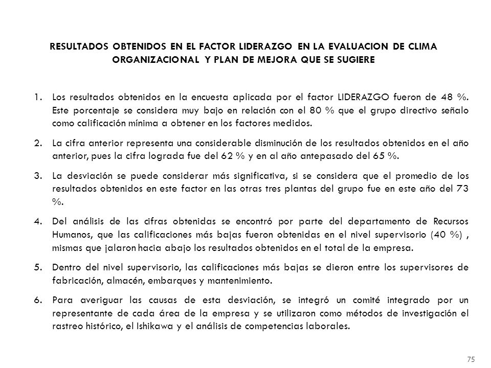 RESULTADOS OBTENIDOS EN EL FACTOR LIDERAZGO EN LA EVALUACION DE CLIMA ORGANIZACIONAL Y PLAN DE MEJORA QUE SE SUGIERE