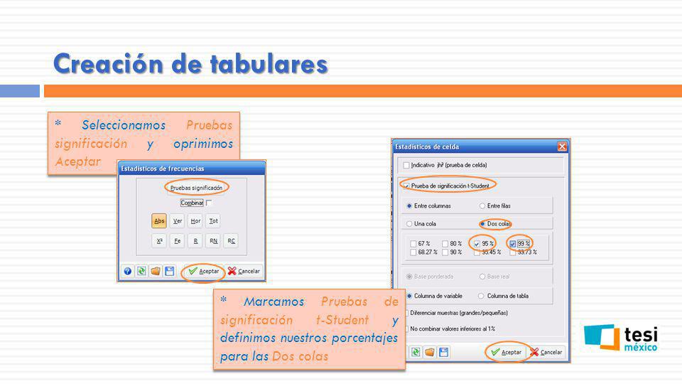 Creación de tabulares * Seleccionamos Pruebas significación y oprimimos Aceptar.