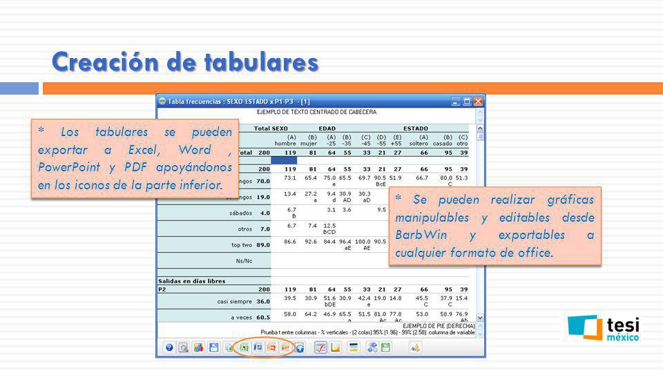 Creación de tabulares * Los tabulares se pueden exportar a Excel, Word , PowerPoint y PDF apoyándonos en los iconos de la parte inferior.