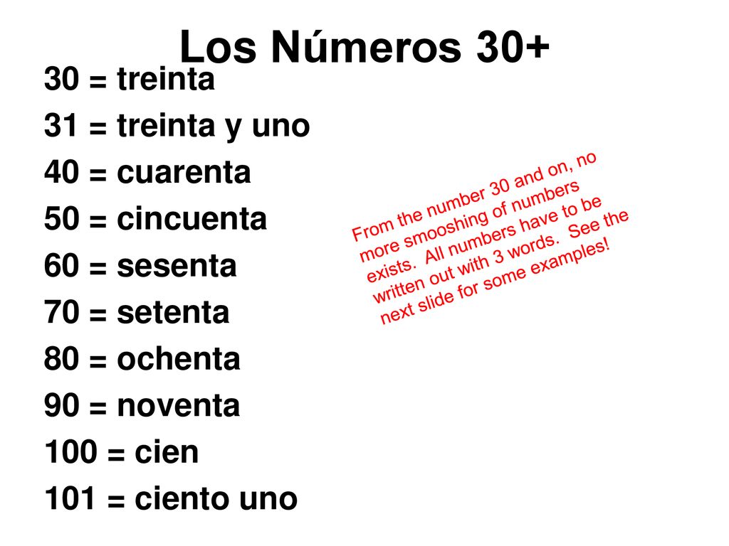 Los Números = treinta 31 = treinta y uno 40 = cuarenta