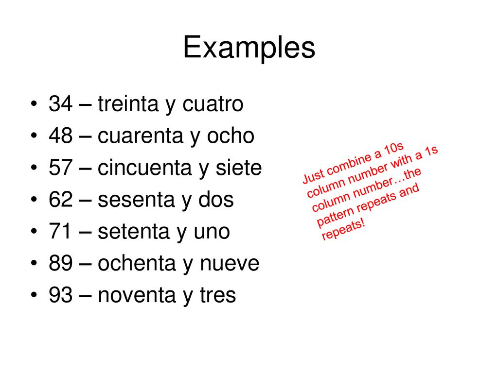 Examples 34 – treinta y cuatro 48 – cuarenta y ocho