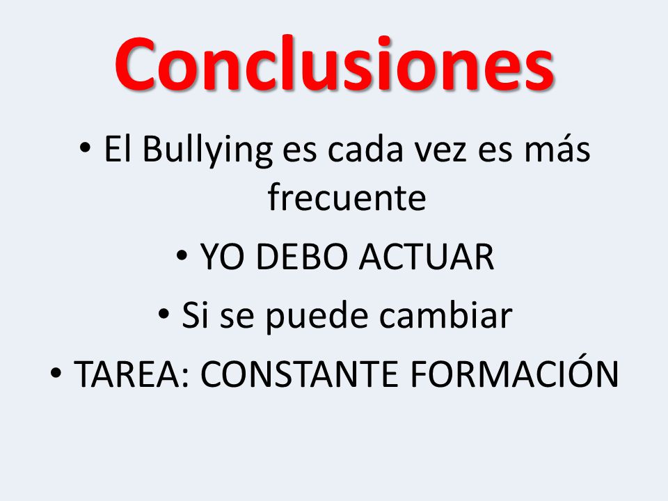 Conclusiones El Bullying es cada vez es más frecuente YO DEBO ACTUAR