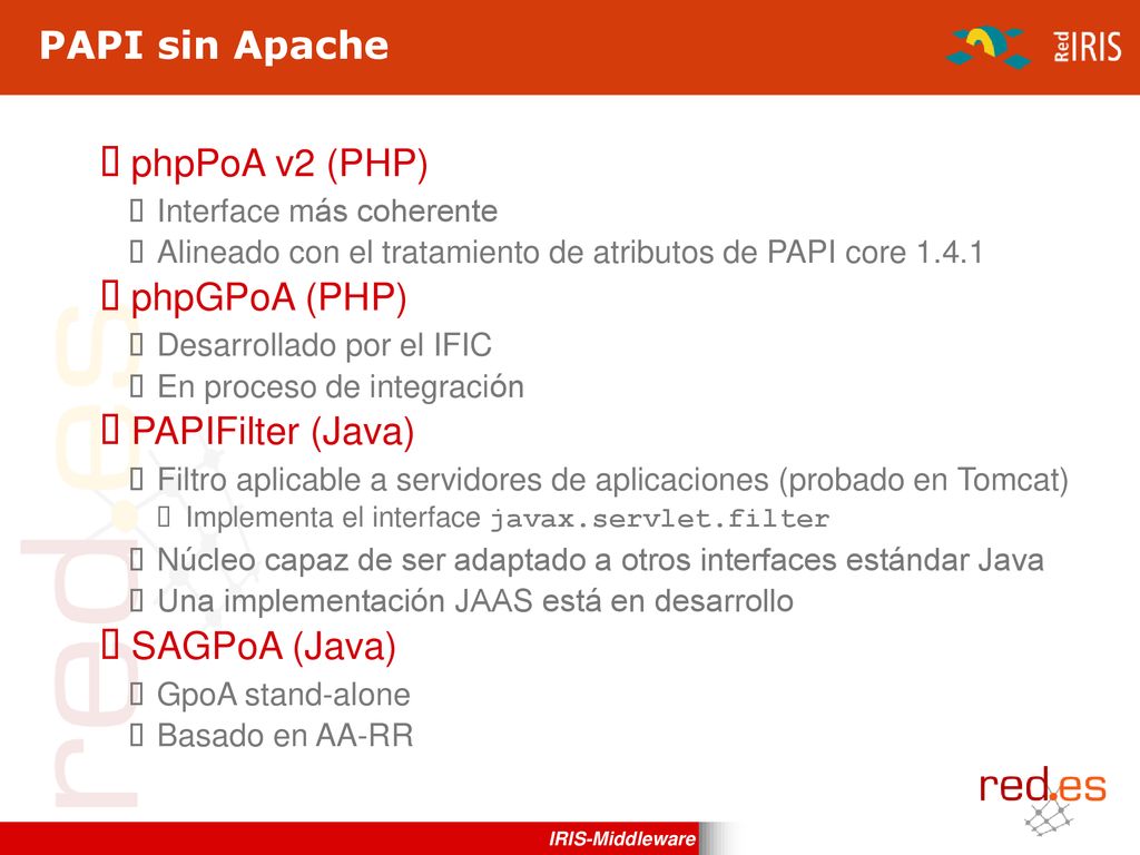 PAPI sin Apache phpPoA v2 (PHP) phpGPoA (PHP) PAPIFilter (Java)