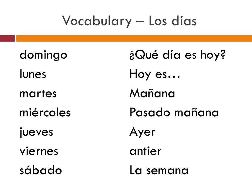 Vocabulary – Los días domingo lunes martes miércoles jueves viernes sábado ¿Qué día es hoy.