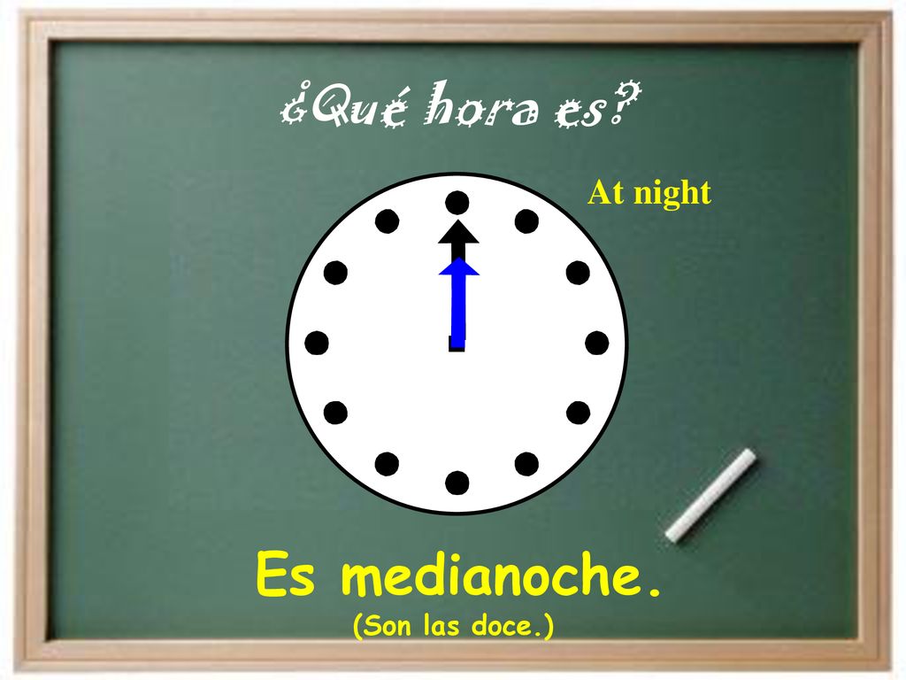 ¿Qué hora es At night Es medianoche. (Son las doce.)