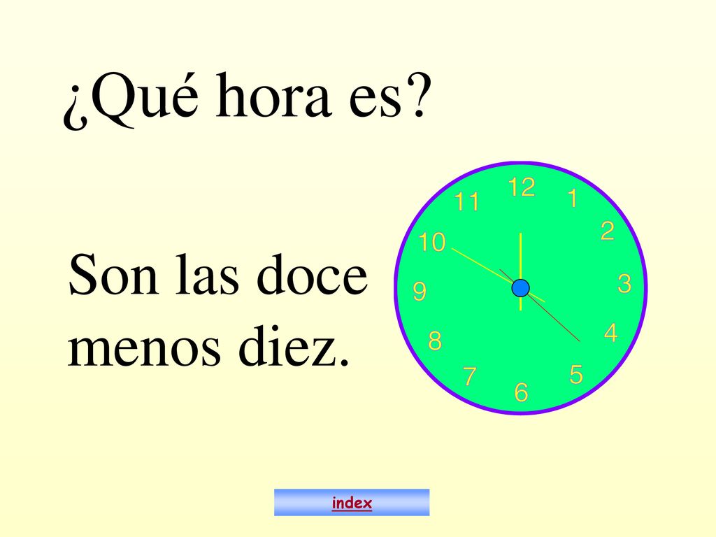 ¿Qué hora es Son las doce menos diez. index
