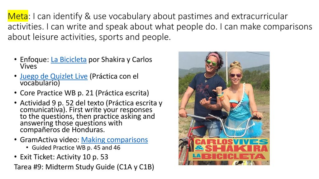 Meta: I can identify & use vocabulary about pastimes and extracurricular activities. I can write and speak about what people do. I can make comparisons about leisure activities, sports and people.