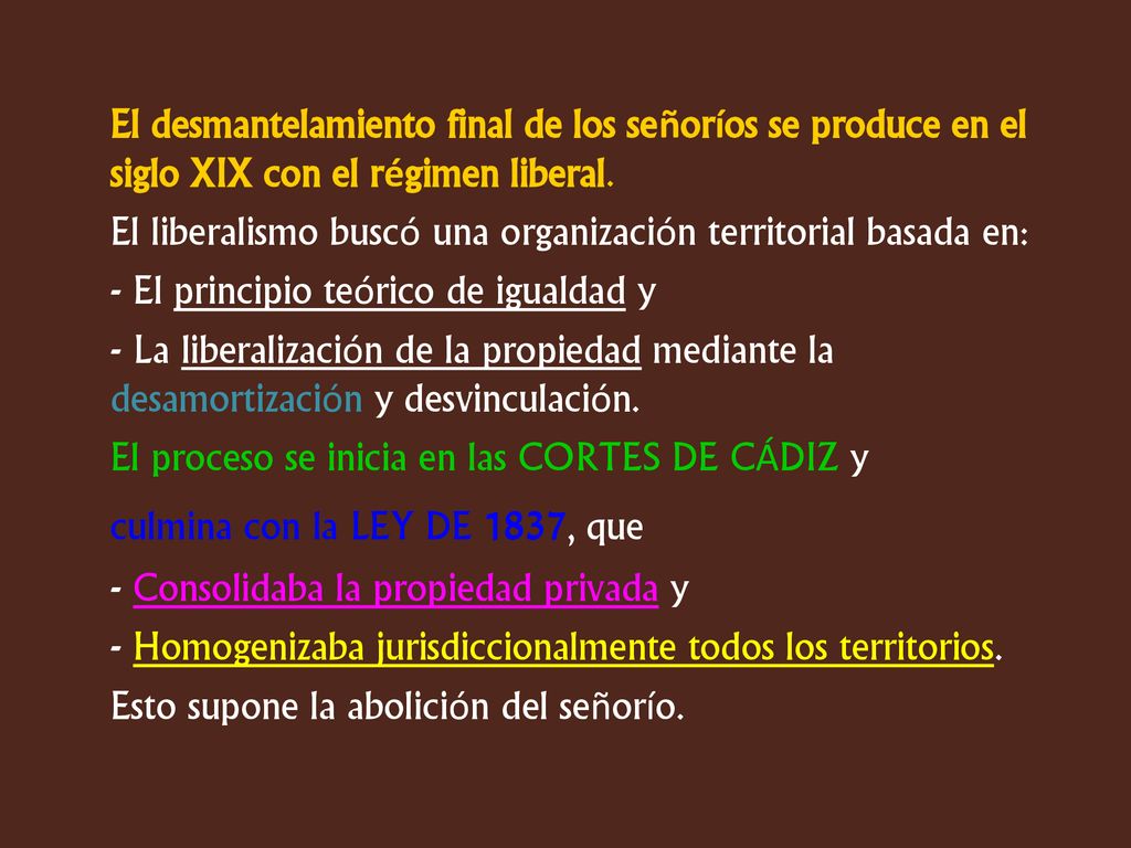 El desmantelamiento final de los señoríos se produce en el siglo XIX con el régimen liberal.