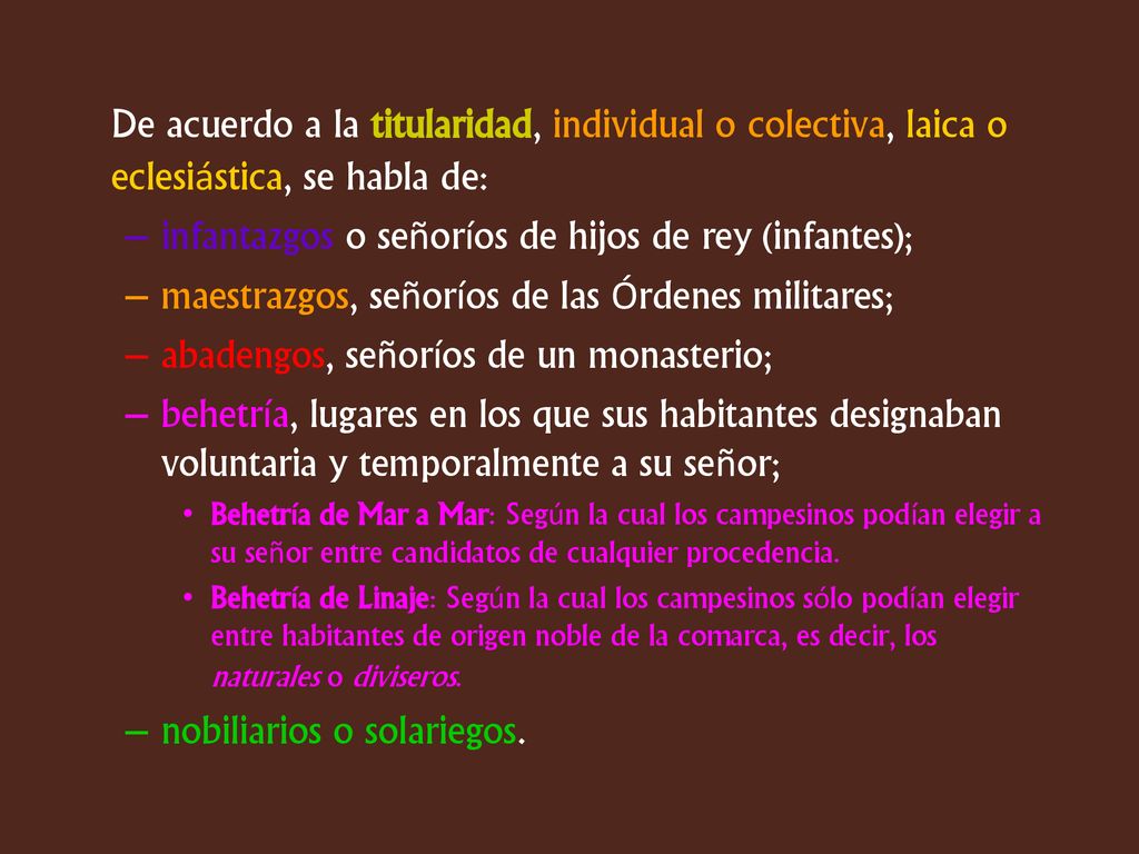 De acuerdo a la titularidad, individual o colectiva, laica o eclesiástica, se habla de: