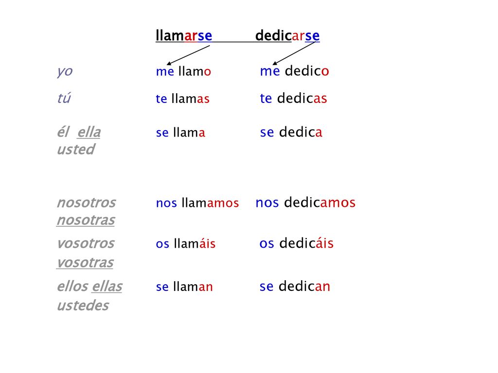 llamarse dedicar se yo me llamo me dedico. tú te llamas te dedicas. él ella se llama se dedica.