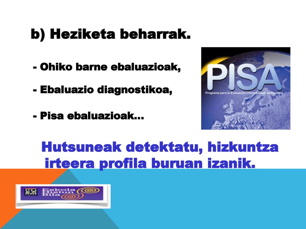 b) Heziketa beharrak. - Ohiko barne ebaluazioak, - Ebaluazio diagnostikoa, - Pisa ebaluazioak…