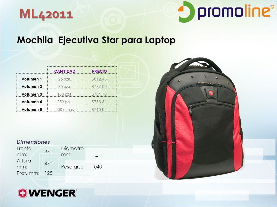 ML42011 Mochila Ejecutiva Star para Laptop Dimensiones Frente mm: 370