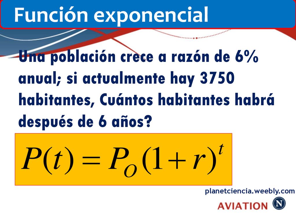 Función exponencial Una población crece a razón de 6% anual; si actualmente hay 3750 habitantes, Cuántos habitantes habrá después de 6 años