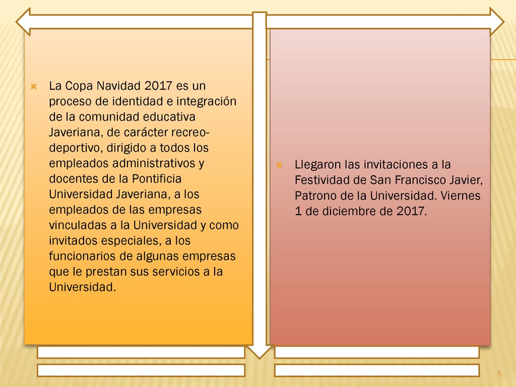 La Copa Navidad 2017 es un proceso de identidad e integración de la comunidad educativa Javeriana, de carácter recreo-deportivo, dirigido a todos los empleados administrativos y docentes de la Pontificia Universidad Javeriana, a los empleados de las empresas vinculadas a la Universidad y como invitados especiales, a los funcionarios de algunas empresas que le prestan sus servicios a la Universidad.