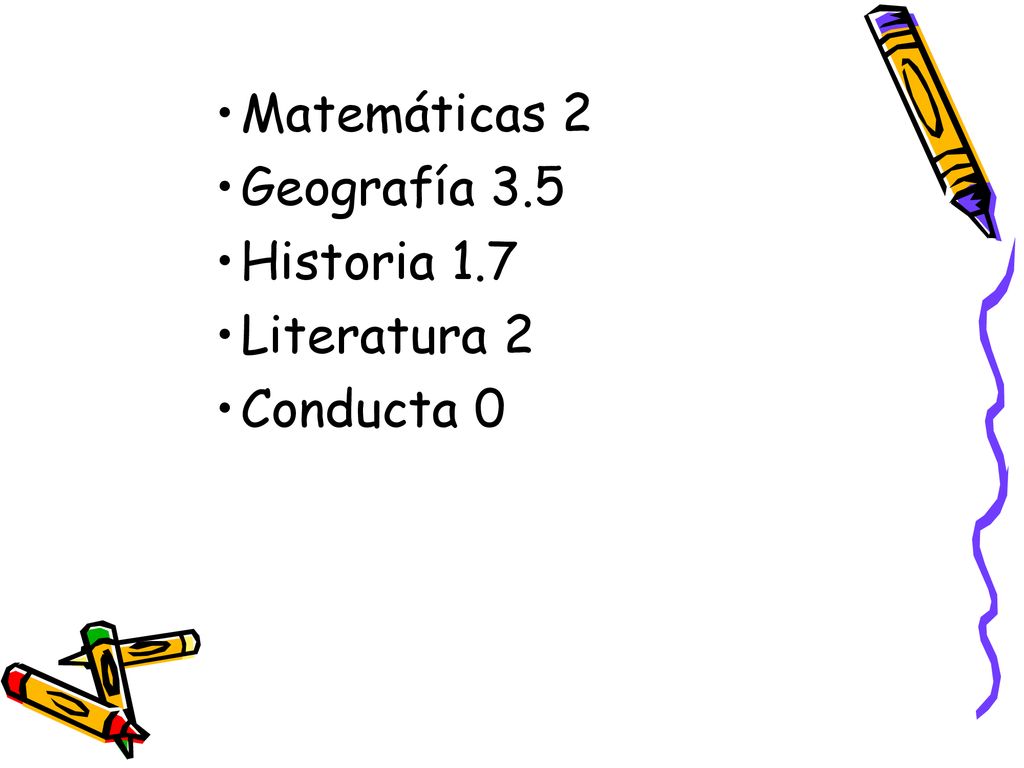 Matemáticas 2 Geografía 3.5 Historia 1.7 Literatura 2 Conducta 0