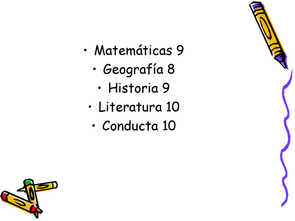 Matemáticas 9 Geografía 8 Historia 9 Literatura 10 Conducta 10