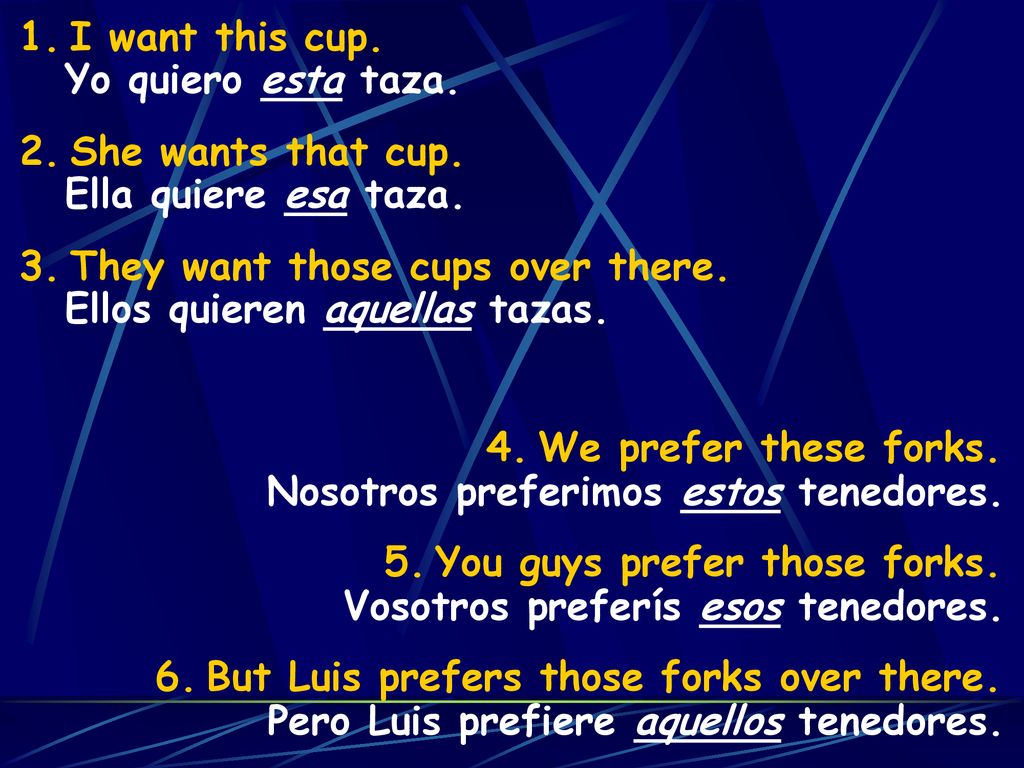 I want this cup. She wants that cup. They want those cups over there. Yo quiero esta taza. Ella quiere esa taza.
